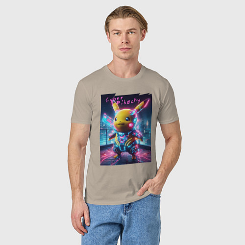 Мужская футболка Cyber Pikachu - neon glow ai art fantasy / Миндальный – фото 3