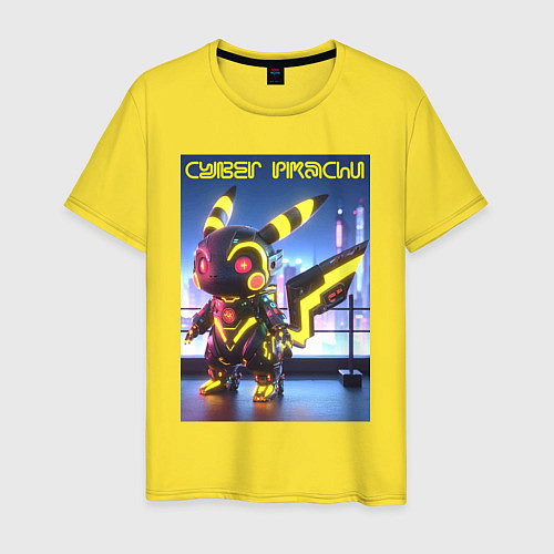 Мужская футболка Cyber pikachu - ai art neon glow fantasy / Желтый – фото 1