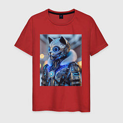 Футболка хлопковая мужская Cyber cat - ai art fantasy, цвет: красный
