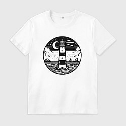Футболка хлопковая мужская Маяк и ночное море, цвет: белый