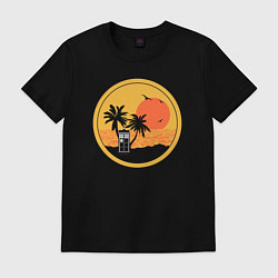 Футболка хлопковая мужская Тардис на пляже, цвет: черный
