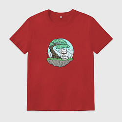 Футболка хлопковая мужская Японский кот в позе лотоса, цвет: красный