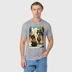 Футболка хлопковая мужская Кот и девочка гуляют на своём районе - нейросеть, цвет: меланж — фото 2
