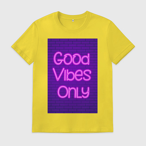 Мужская футболка Неоновая надпись good vibes only и кирпичная стена / Желтый – фото 1