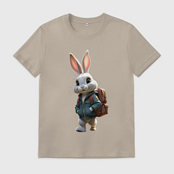 Футболка хлопковая мужская Зайчик идёт в школу, цвет: миндальный