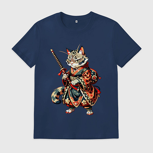 Мужская футболка Кот ниндзя - японский воин / Тёмно-синий – фото 1
