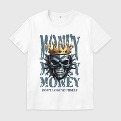 Футболка хлопковая мужская Череп с короной на фоне денег, цвет: белый