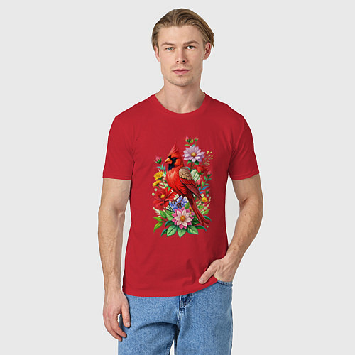 Мужская футболка Птица красный кардинал среди цветов / Красный – фото 3