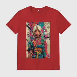 Футболка хлопковая мужская Белокурая индейская девушка в японском кимоно - жи, цвет: красный