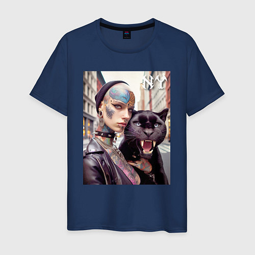 Мужская футболка Punk girl under the protection of a panther - New / Тёмно-синий – фото 1