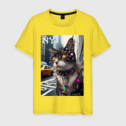 Футболка хлопковая мужская Пирсинг Нью-Йоркского кота - нейросеть, цвет: желтый