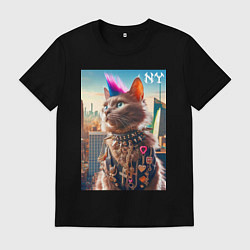 Футболка хлопковая мужская Funny cat punk from New York - ai art, цвет: черный