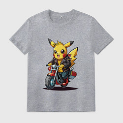 Футболка хлопковая мужская Пикачу на ретро мотоцикле, цвет: меланж