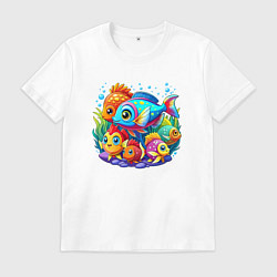 Футболка хлопковая мужская Яркие тропические рыбки, цвет: белый