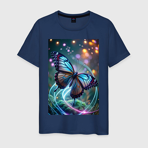 Мужская футболка Порхающая бабочка в неоновых линиях / Тёмно-синий – фото 1