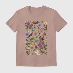 Футболка хлопковая мужская Птицы, бабочки, цветы, цвет: пыльно-розовый