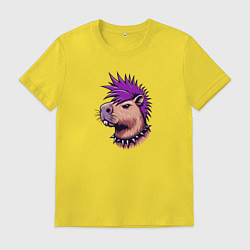 Футболка хлопковая мужская Капибара с фиолетовым ирокезом, цвет: желтый