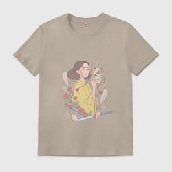 Футболка хлопковая мужская Кицунэ, цвет: миндальный