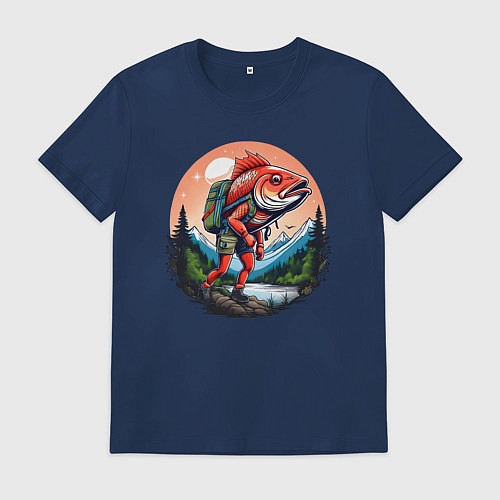 Мужская футболка Рыба турист в горах / Тёмно-синий – фото 1