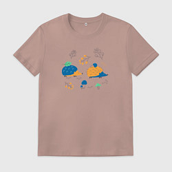 Футболка хлопковая мужская Ежики в лесу с веточками и грибами, цвет: пыльно-розовый