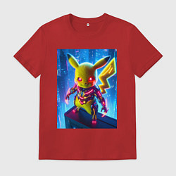Футболка хлопковая мужская Neon Pikachu - cyberpunk horror, цвет: красный