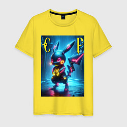 Футболка хлопковая мужская Cyber Pikachu - neon glow ai art, цвет: желтый
