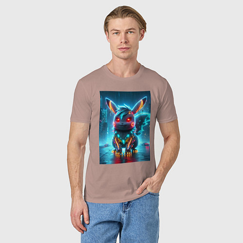 Мужская футболка Cyber Pikachu in the neon metropolis - ai art / Пыльно-розовый – фото 3