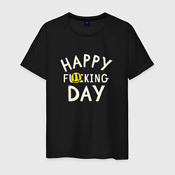 Футболка хлопковая мужская Happy f**king day - надпись и смайл, цвет: черный