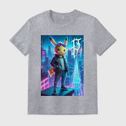 Футболка хлопковая мужская Чувак Пикачу в мегаполисе - урбан нейроарт, цвет: меланж