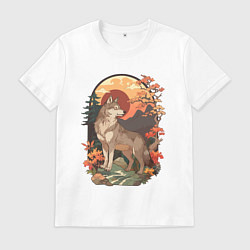 Футболка хлопковая мужская Волк в лесу в японском стиле, цвет: белый