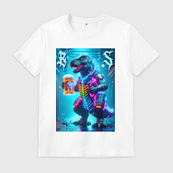 Футболка хлопковая мужская Неоновый кибер пивозавр - нейроарт, цвет: белый