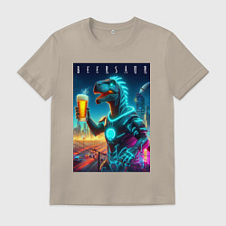 Футболка хлопковая мужская Дино с кружкой пива в Мегаполисе - нейроарт, цвет: миндальный