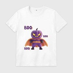 Футболка хлопковая мужская Тыква супермен - хеллоуин, цвет: белый