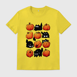 Футболка хлопковая мужская Котики и тыквы, цвет: желтый