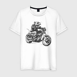 Футболка хлопковая мужская Крыса байкер на мотоцикле чоппере, цвет: белый