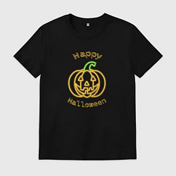 Футболка хлопковая мужская Счастливого Хэллоуина неоновая тыква, цвет: черный