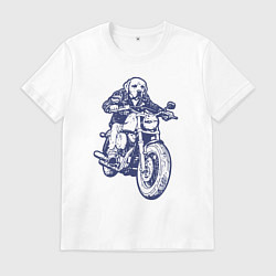 Футболка хлопковая мужская Лабрадор байкер на мотоцикле чоппере, цвет: белый