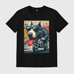 Футболка хлопковая мужская Бультерьер управляет мотоциклом - граффити, цвет: черный