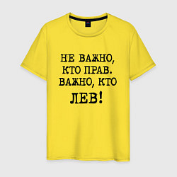 Футболка хлопковая мужская Не важно кто прав, главное кто лев - каламбурный ю, цвет: желтый