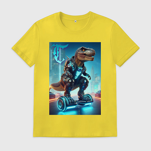 Мужская футболка Cyber tyrannosaur on a hoverboard - neon glow fant / Желтый – фото 1