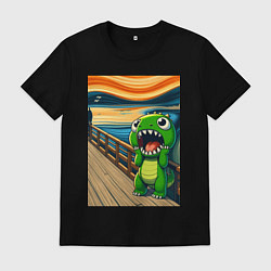 Футболка хлопковая мужская Динозаврик кричит на картине Эдварда Мунка - мем и, цвет: черный
