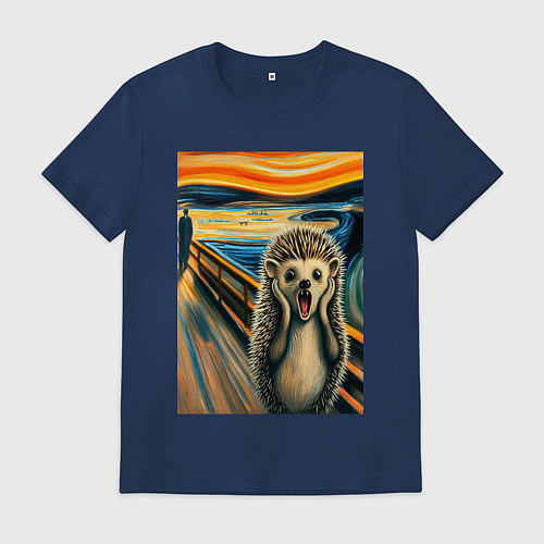 Мужская футболка Ёжик кричит на картине Эдварда Мунка - мем искусст / Тёмно-синий – фото 1