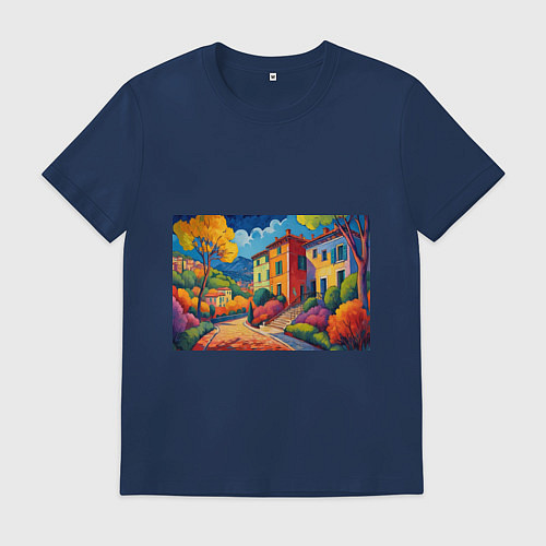 Мужская футболка Живопись яркие домики фовизм / Тёмно-синий – фото 1