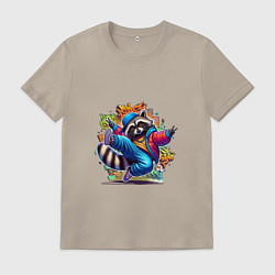 Футболка хлопковая мужская Хип-хоп енот, цвет: миндальный