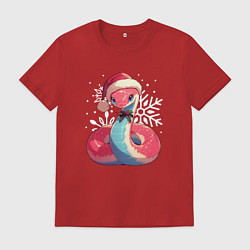 Футболка хлопковая мужская Красная змея с снежинками, цвет: красный