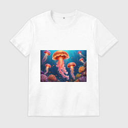Футболка хлопковая мужская Подводный мир медузы, цвет: белый