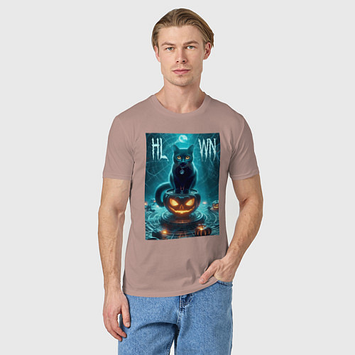 Мужская футболка Чёрный кот сидит на тыкве - хэллоуин / Пыльно-розовый – фото 3