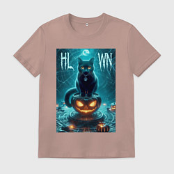Футболка хлопковая мужская Чёрный кот сидит на тыкве - хэллоуин, цвет: пыльно-розовый