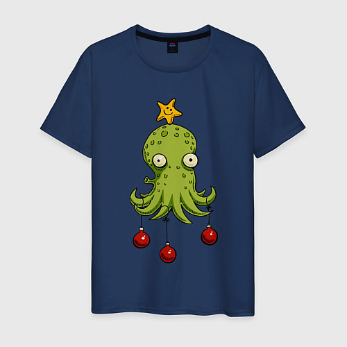 Мужская футболка Новогодний осьминог-елка / Тёмно-синий – фото 1