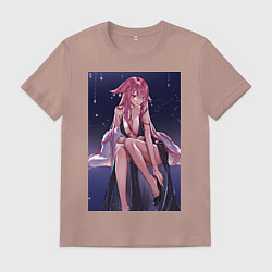 Футболка хлопковая мужская Геншин Яэ Мико, цвет: пыльно-розовый
